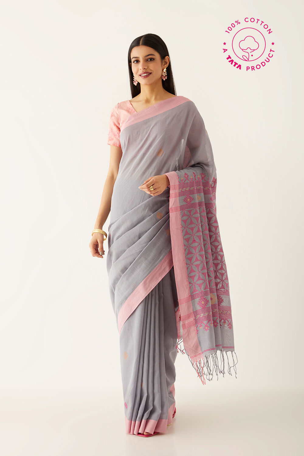 Grey Pure Cotton Bengal Saree image number null