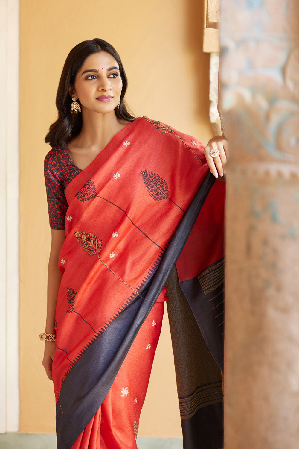 Red Block Printed Pure Tussar Silk Saree image number null