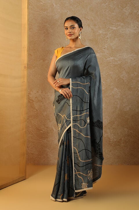 Blue Pure Silk Hand Painted Saree