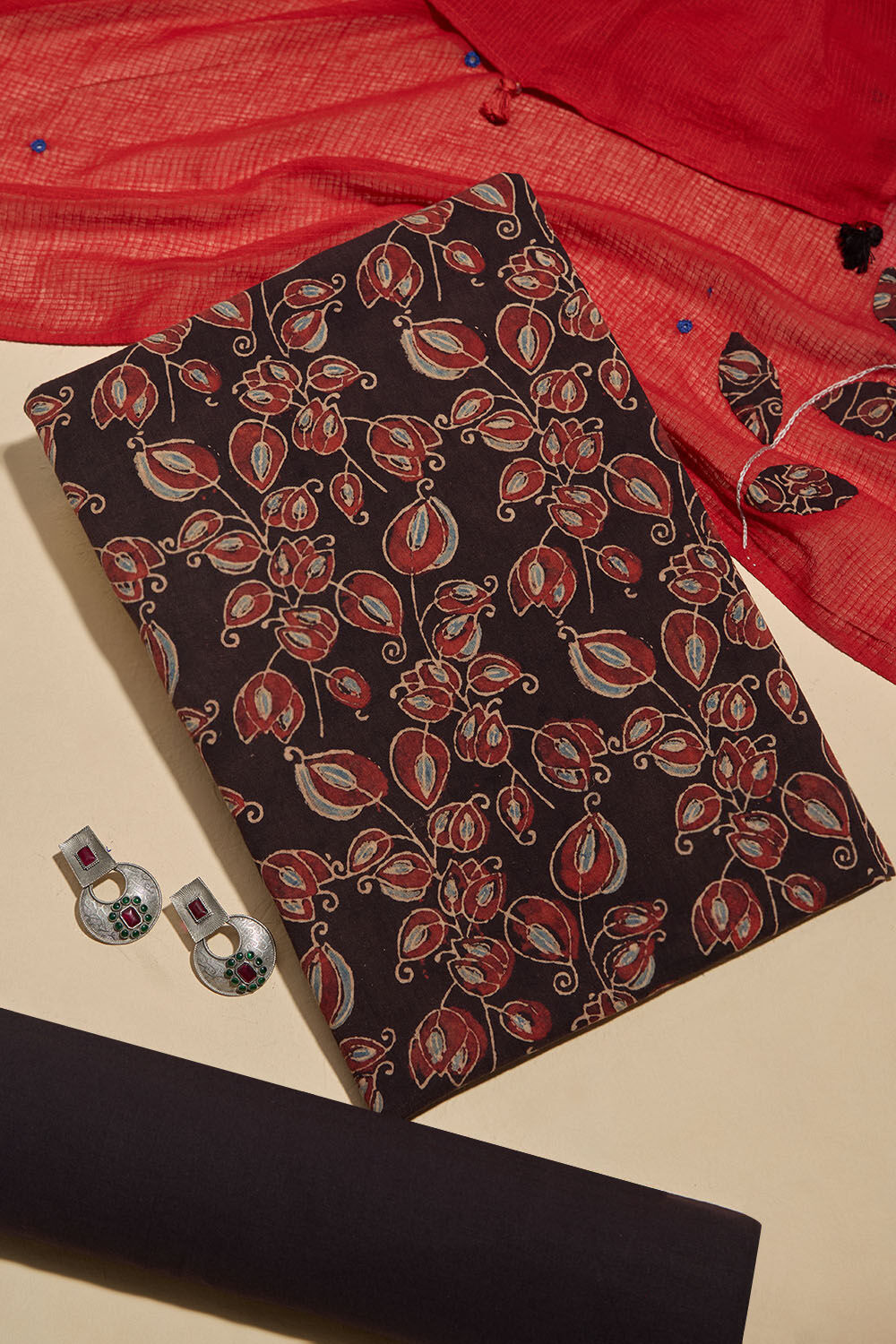 Brown Pure Cotton Block Printed Unstitched Suit Set image number null