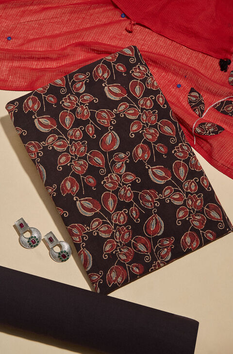 Brown Pure Cotton Block Printed Unstitched Suit Set