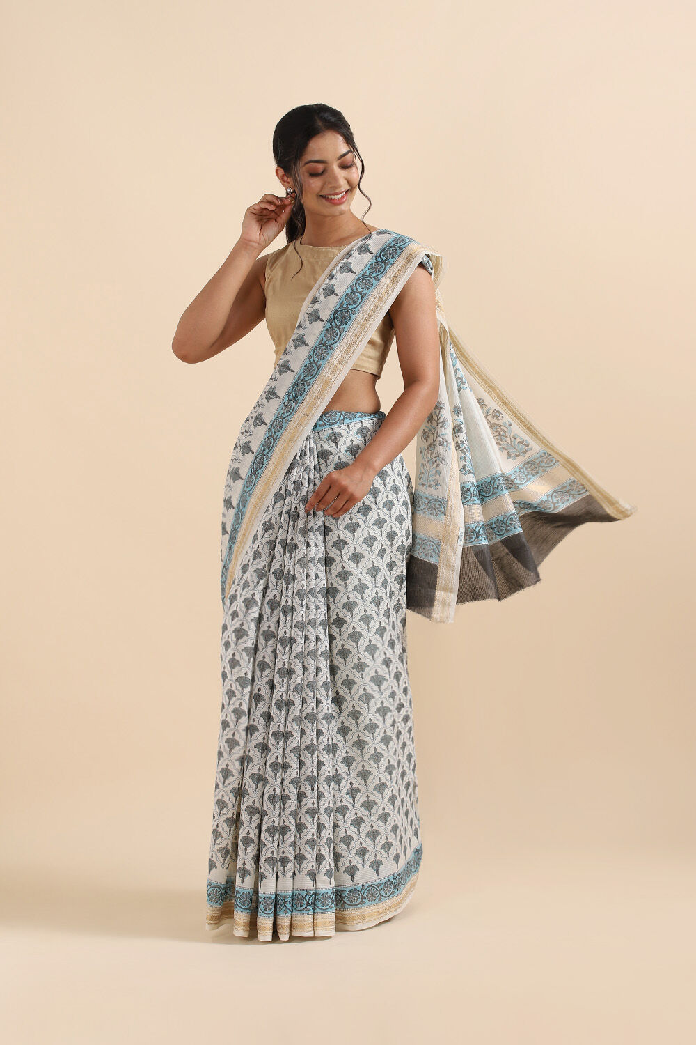 Off White Pure Silk Cotton Sanganeri Printed Saree image number null