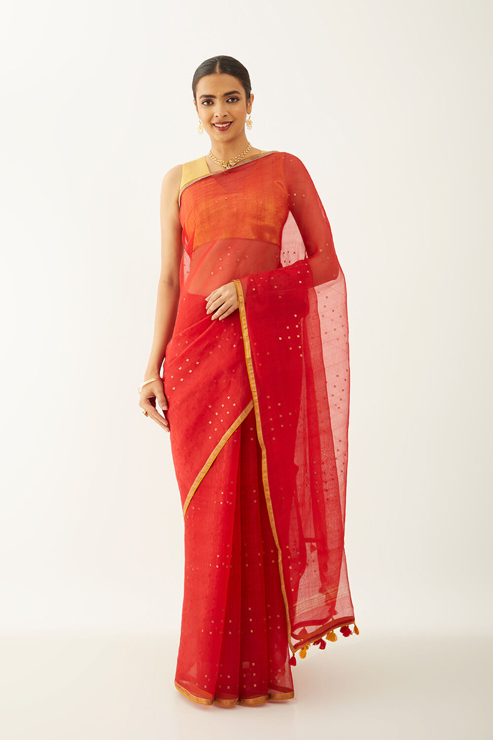 Red Pure Silk Organza Woven Saree image number null