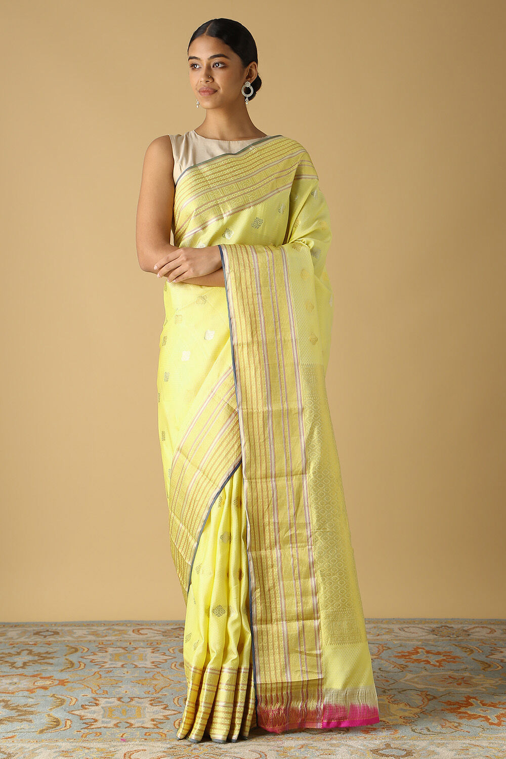 Light Yellow Pure Silk Kanjivaram inspired Saree image number null