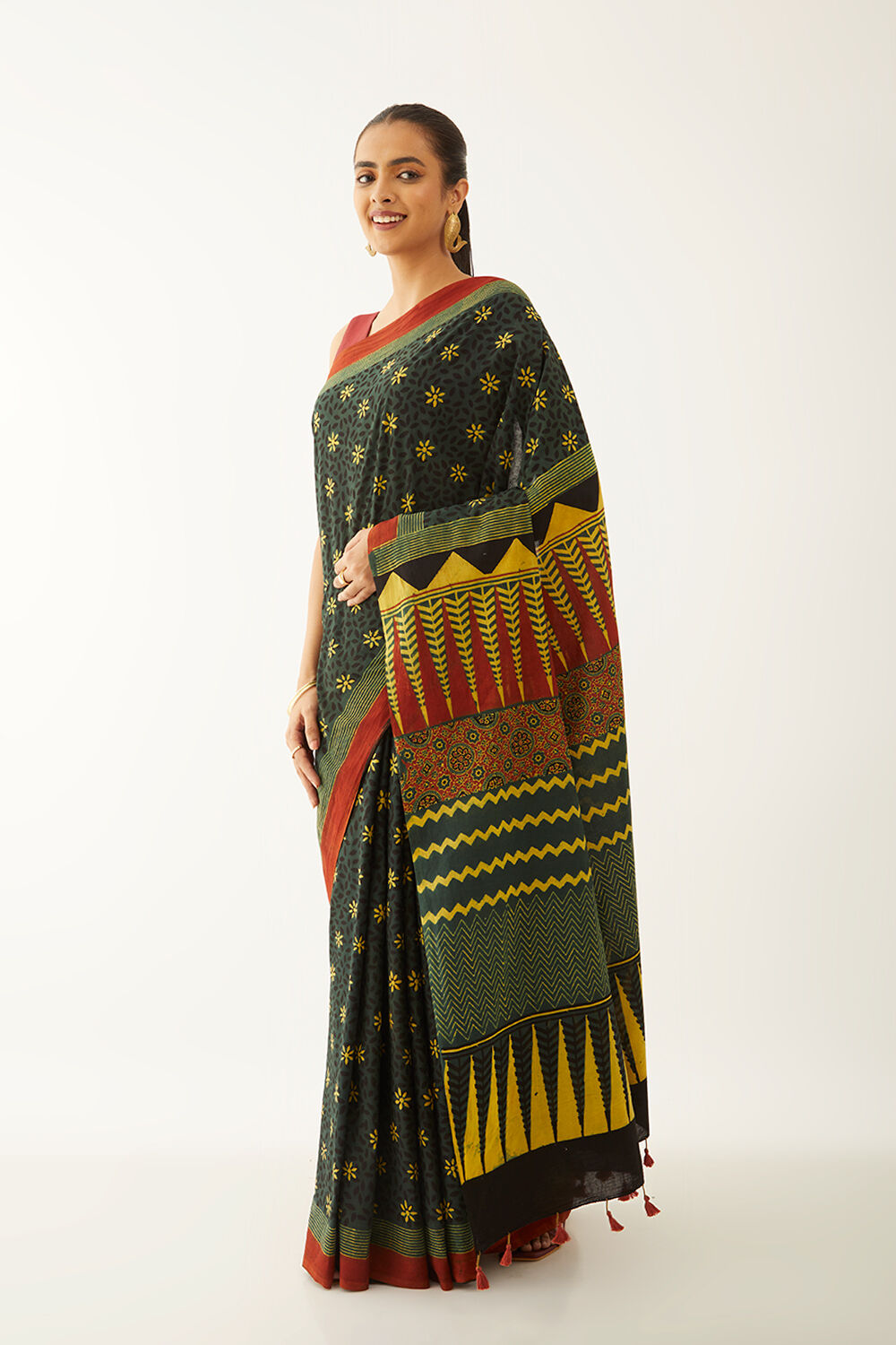 Green Pure Cotton Ajrakh Block Print Saree image number null
