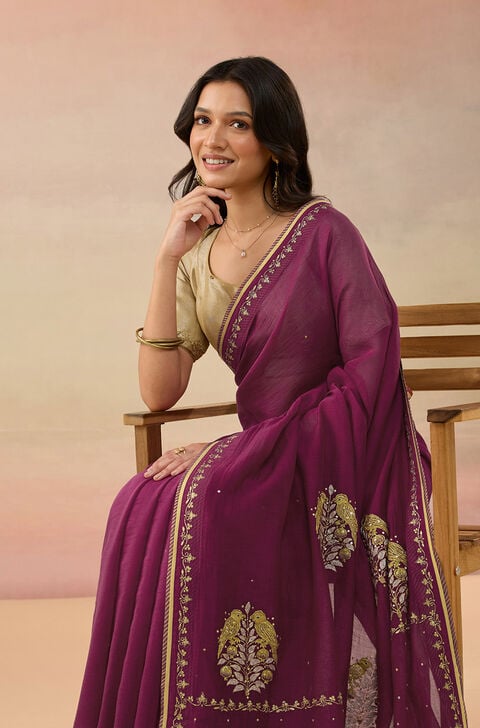Purple Pure Silk Cotton Embroidered Saree