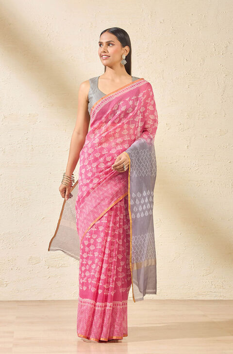 Pink Block Printed Kota Pure Silk Kota Saree