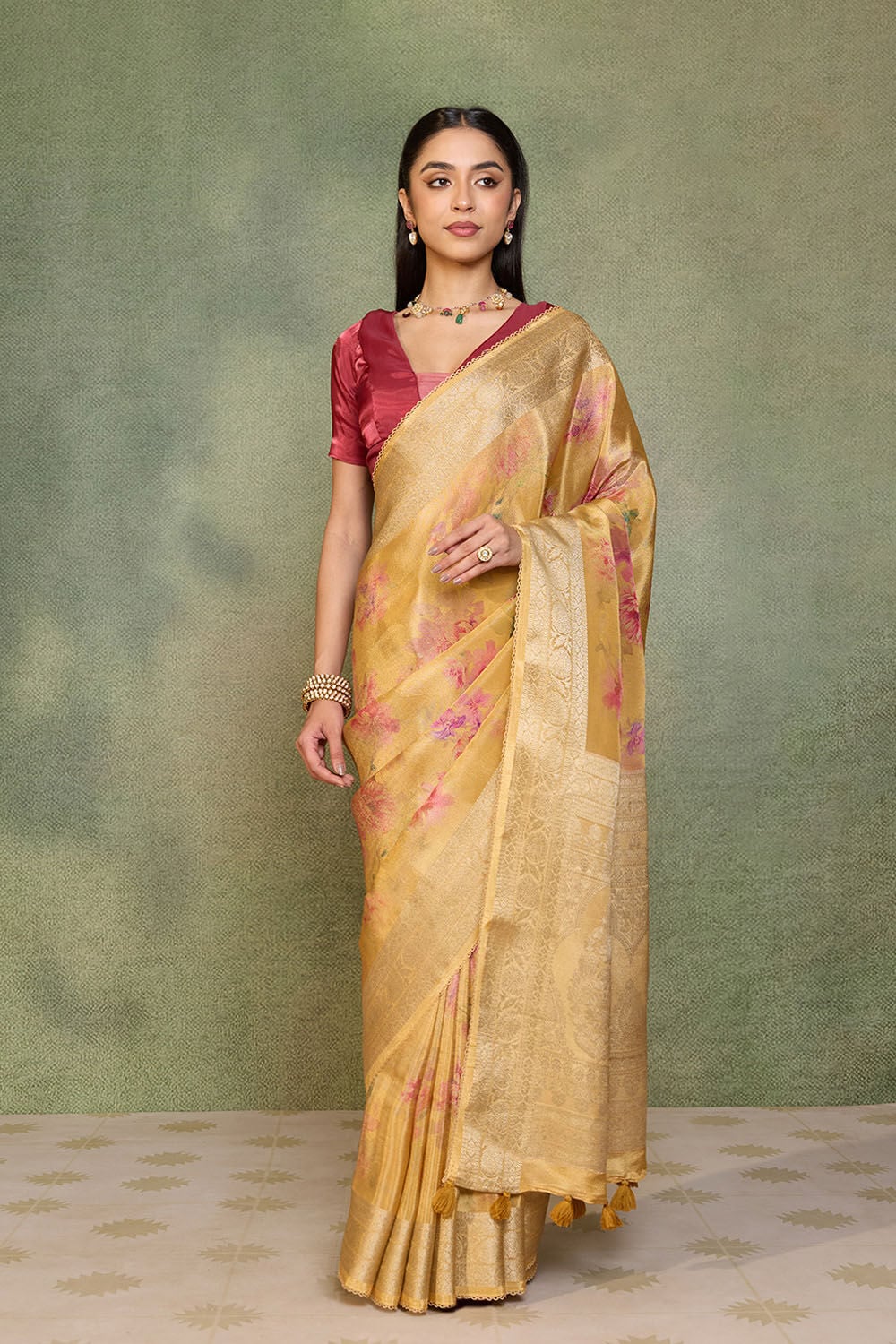 Yellow Printed Viscose Tissue Saree image number null