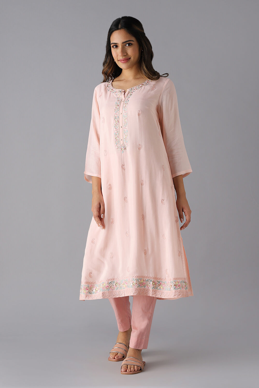 Light Pink Viscose Embroidered Kurta image number null