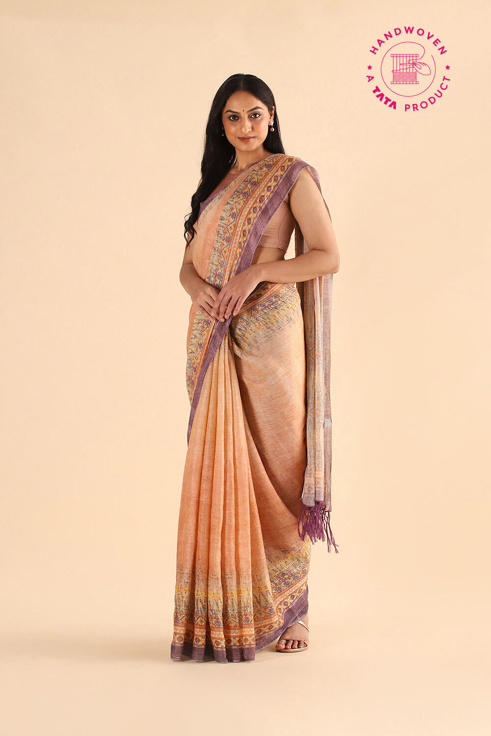 Light Orange Pure Linen Digital Printed Saree image number null