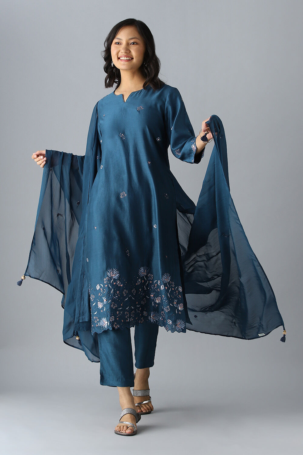 Dark Blue Embroidered Silk Cotton Kurta Set image number null