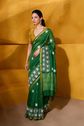 Green Pure Silk Linen Embroidered Saree thumbnail image number null
