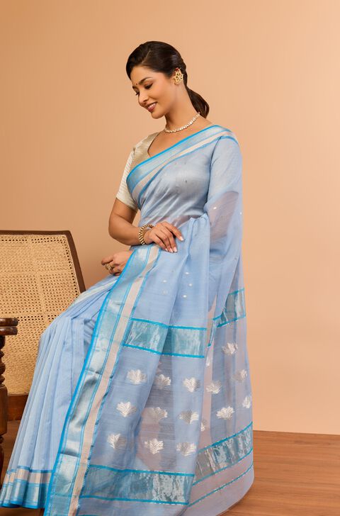 Light Blue Silk Cotton Chanderi Woven Saree