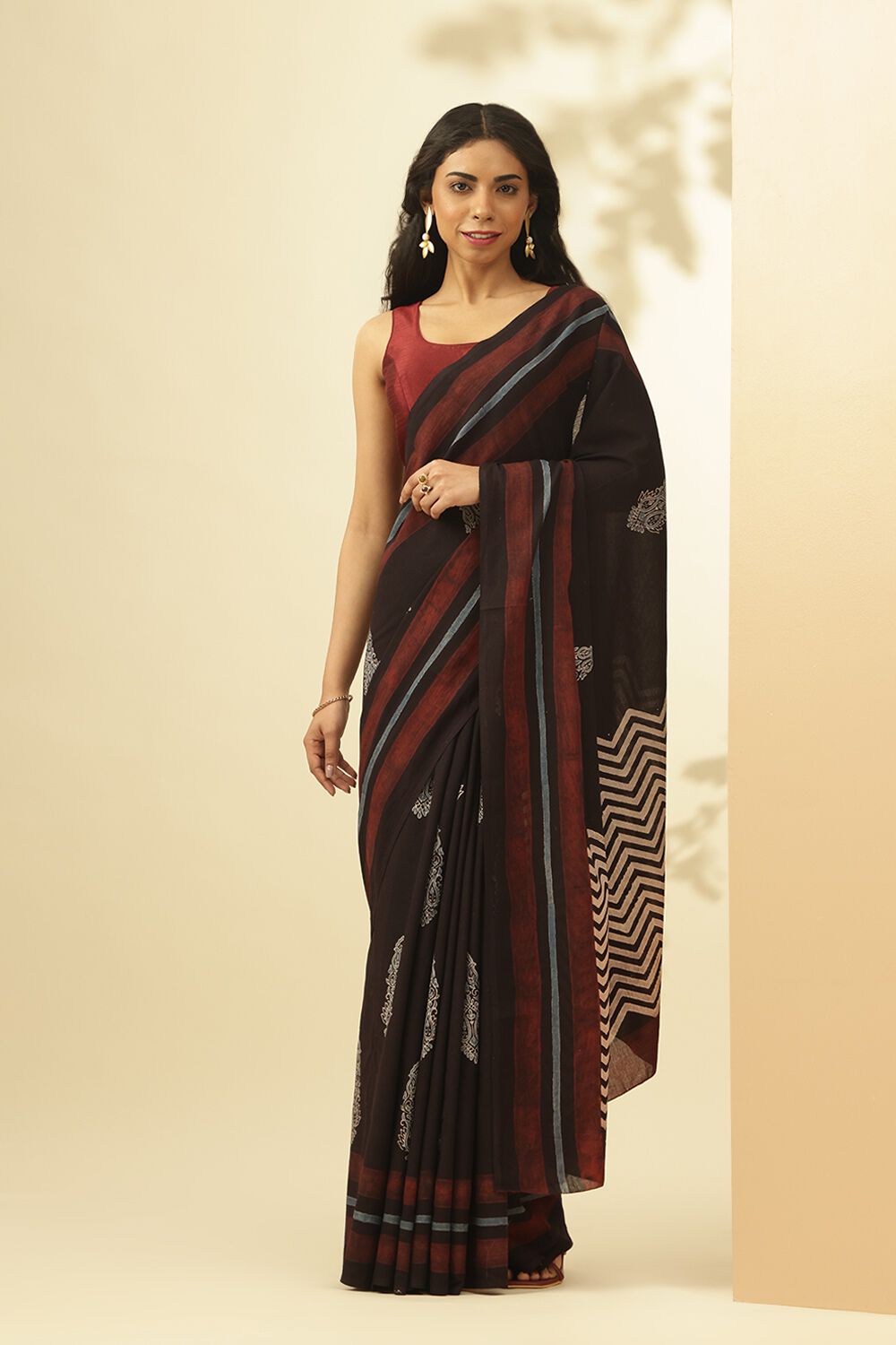Black Gujarat Pure Cotton Ajrakh Saree image number null