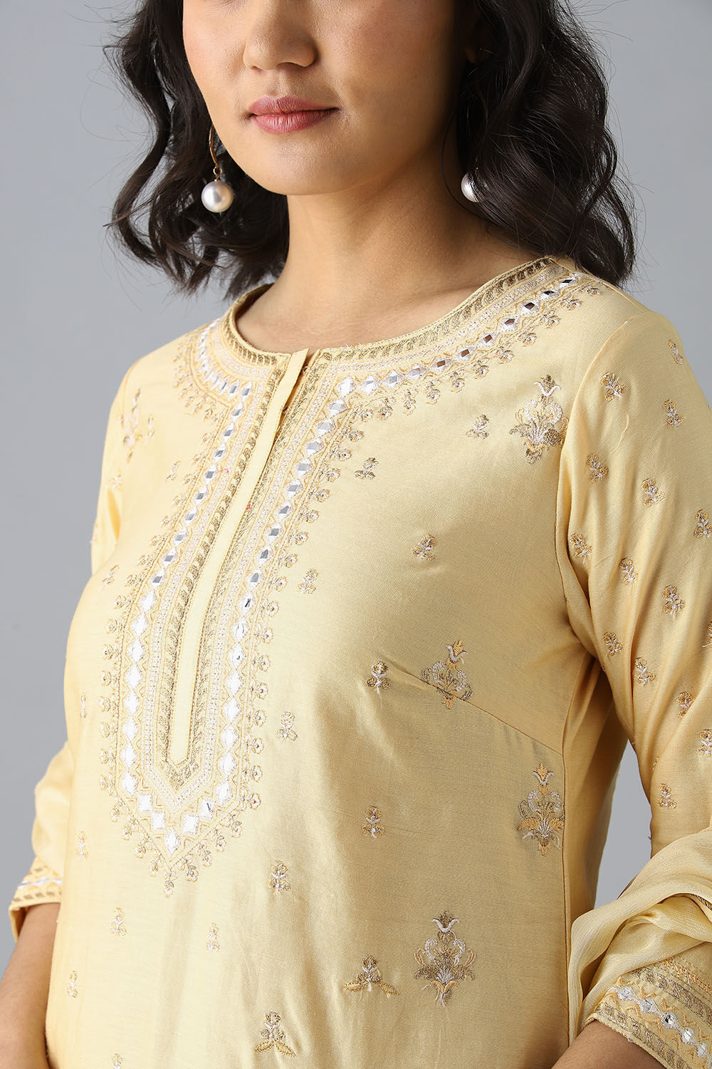 Light Yellow Embroidered Silk Cotton Kurta Set image number null