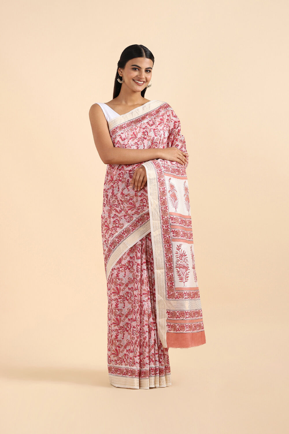 Light Pink Pure Silk Cotton Sanganeri Printed Saree image number null
