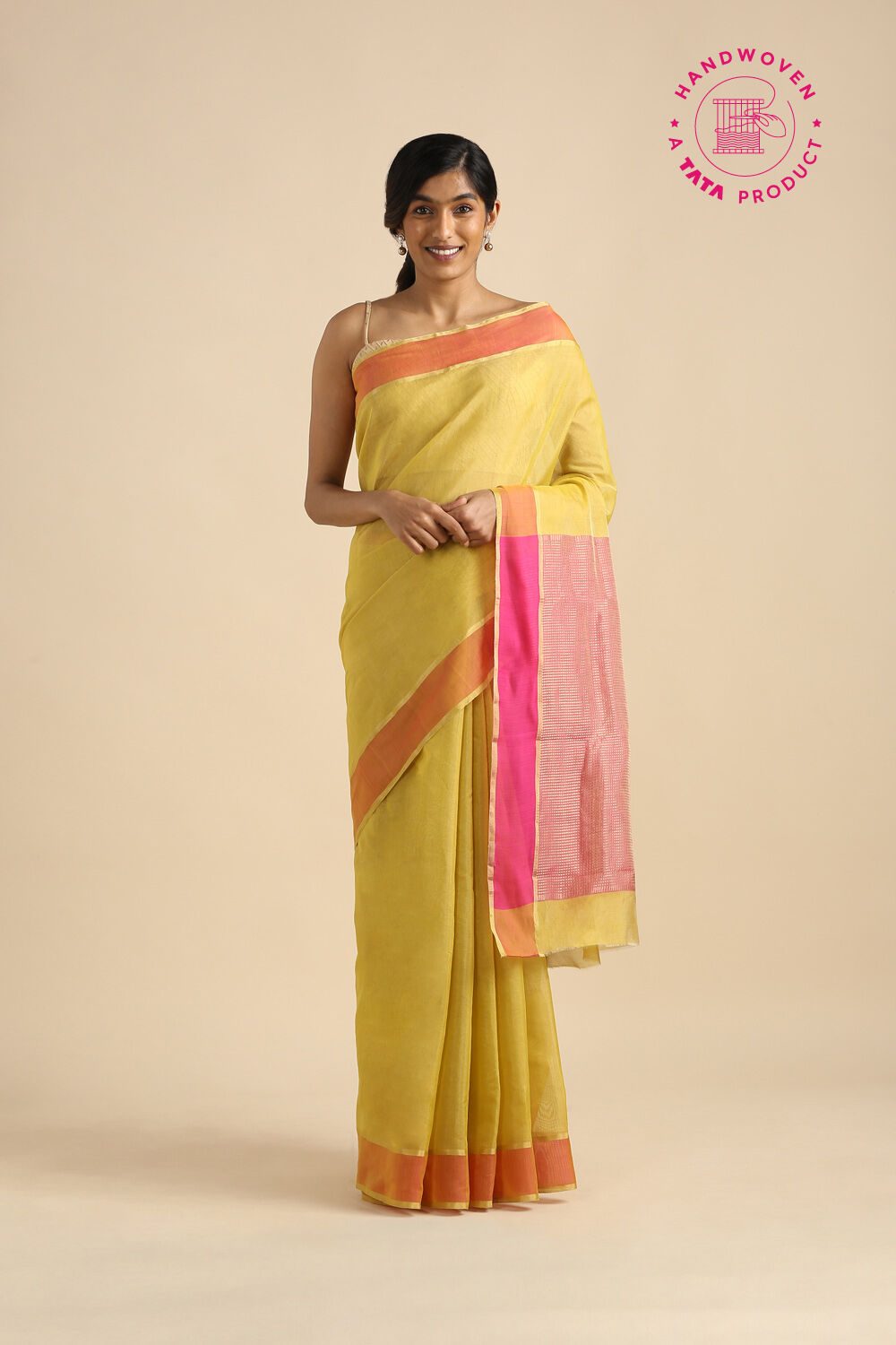 Yellow Pure Cotton Tissue Chanderi Saree image number null
