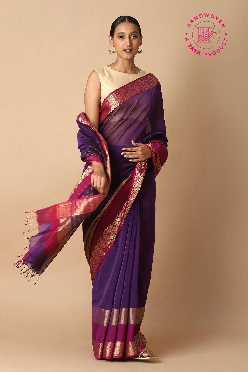 Violet Pure Silk Cotton Maheswari Saree image number null