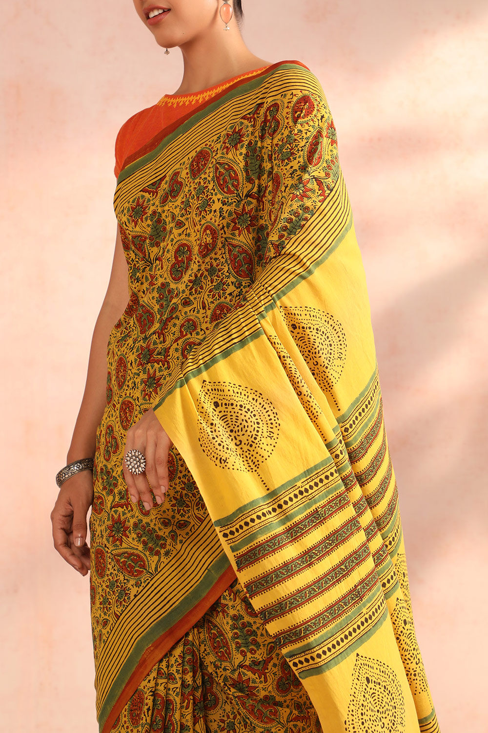 Yellow Gujarat Block Printed Pure Cotton Saree image number null