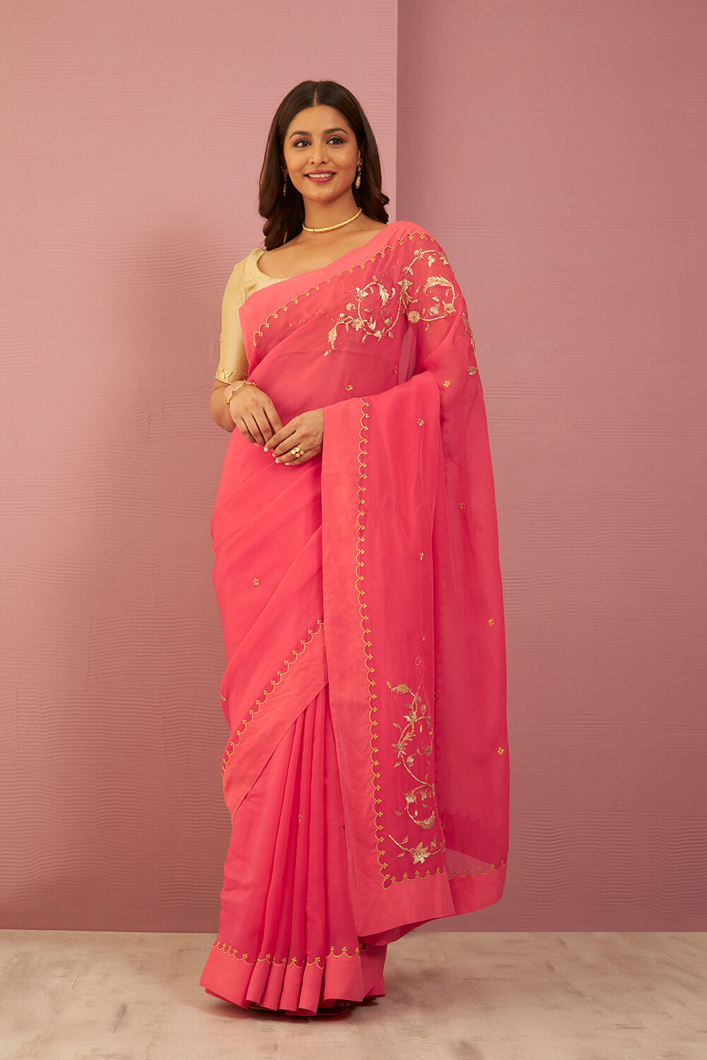 Pink Viscose Organza Gota Patti Saree image number null