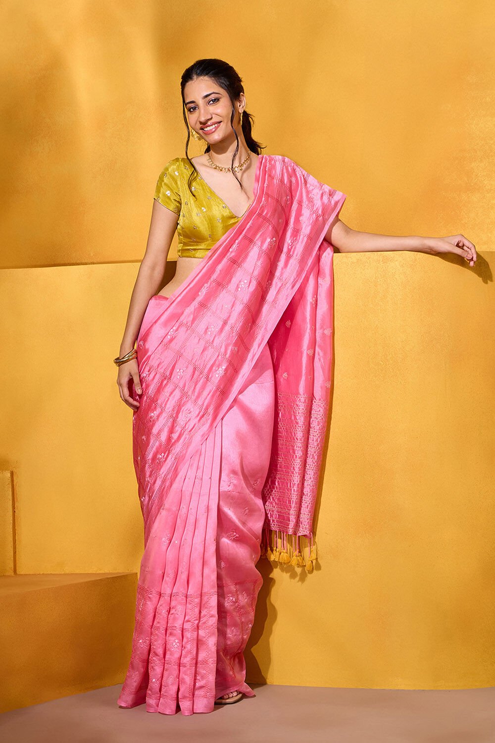 Pink Embroidered Silk Tencel Saree image number null