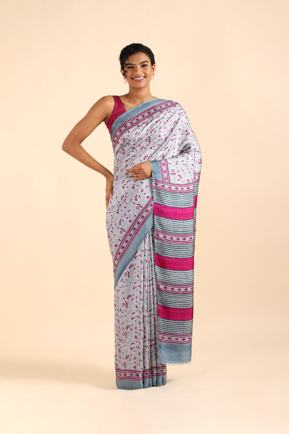 Grey Pure Silk Printed Saree image number null
