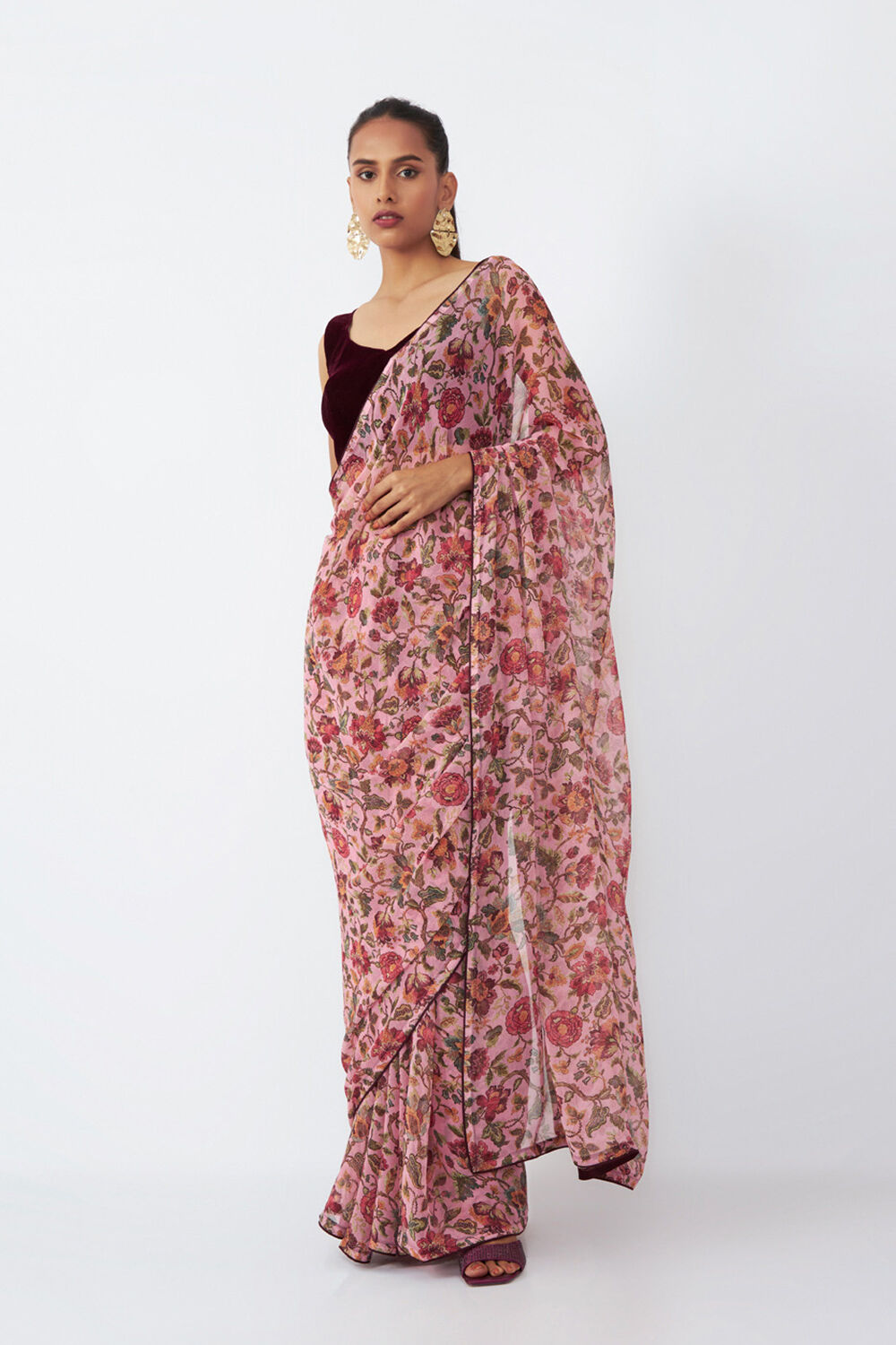 Pink Viscose Chiffon Digital Printed Saree image number null