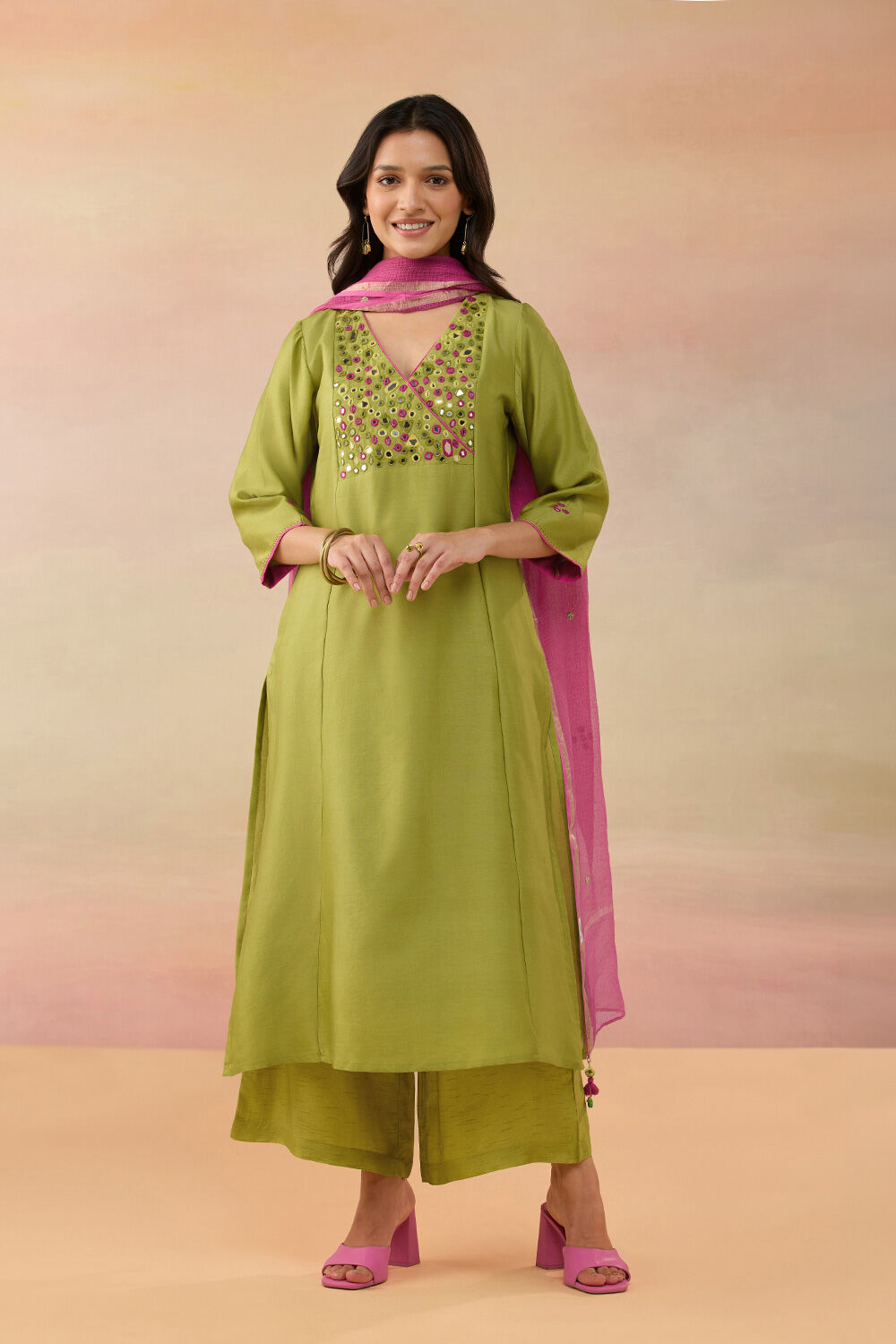 Green Pure Silk Cotton Shisha Kurta Set image number null