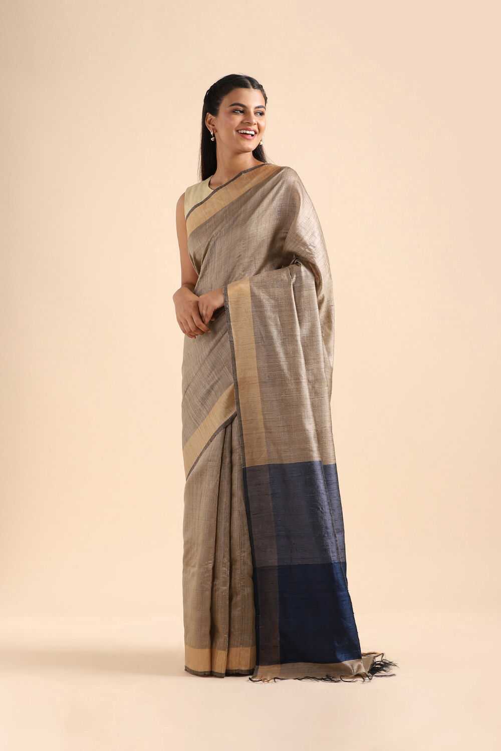 Beige Pure Tussar Silk Bhagalpuri Saree image number null