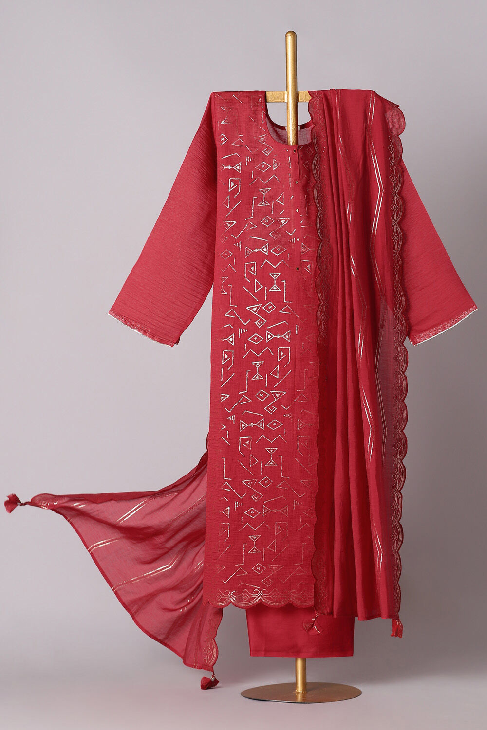 Dark Red Silk Cotton Embroidered Semistitched Suit Set image number null