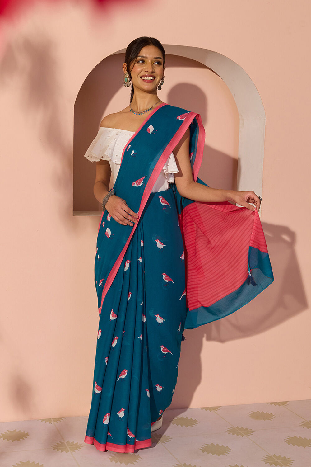 Dark Blue Bengal Screen Printed Pure Cotton Mulmul Saree image number null