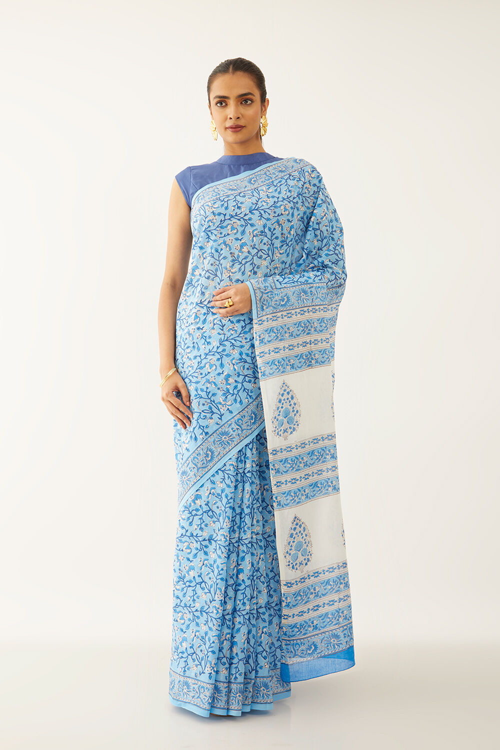 Blue Pure Cotton Block Print Saree image number null