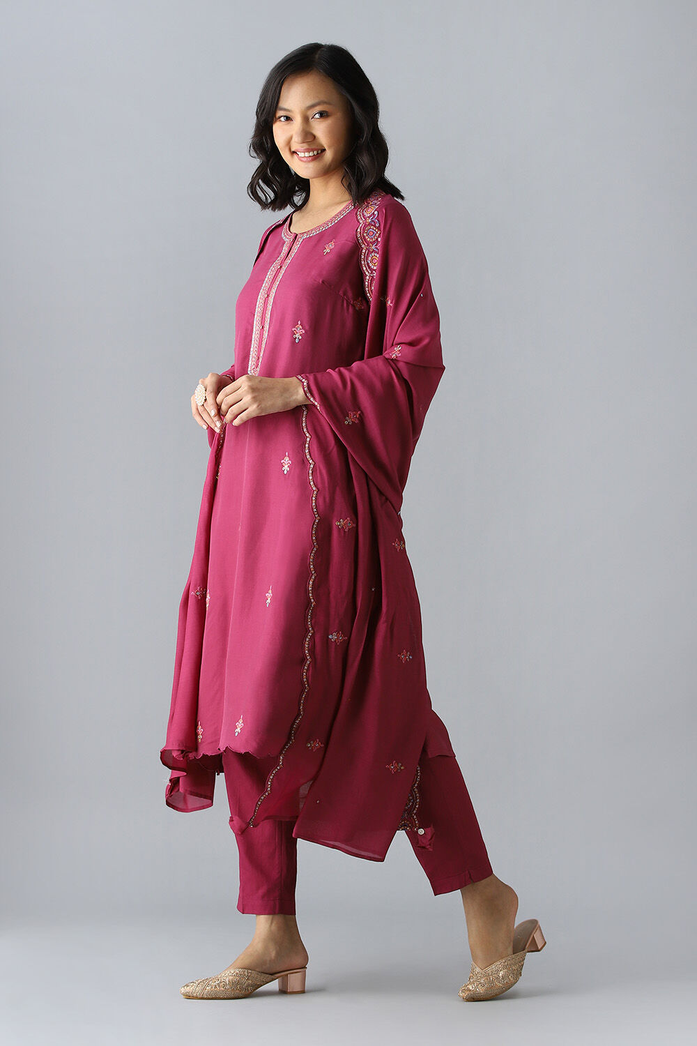 Dark Pink Embroidered Viscose Kurta Set image number null