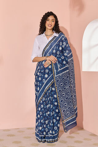 Blue Printed Mukaish Pure Silk Cotton Bagru Saree thumbnail image number null