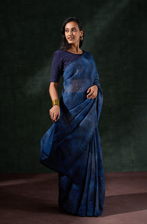 Dark Blue Pure Silk Organza Embroidered Saree