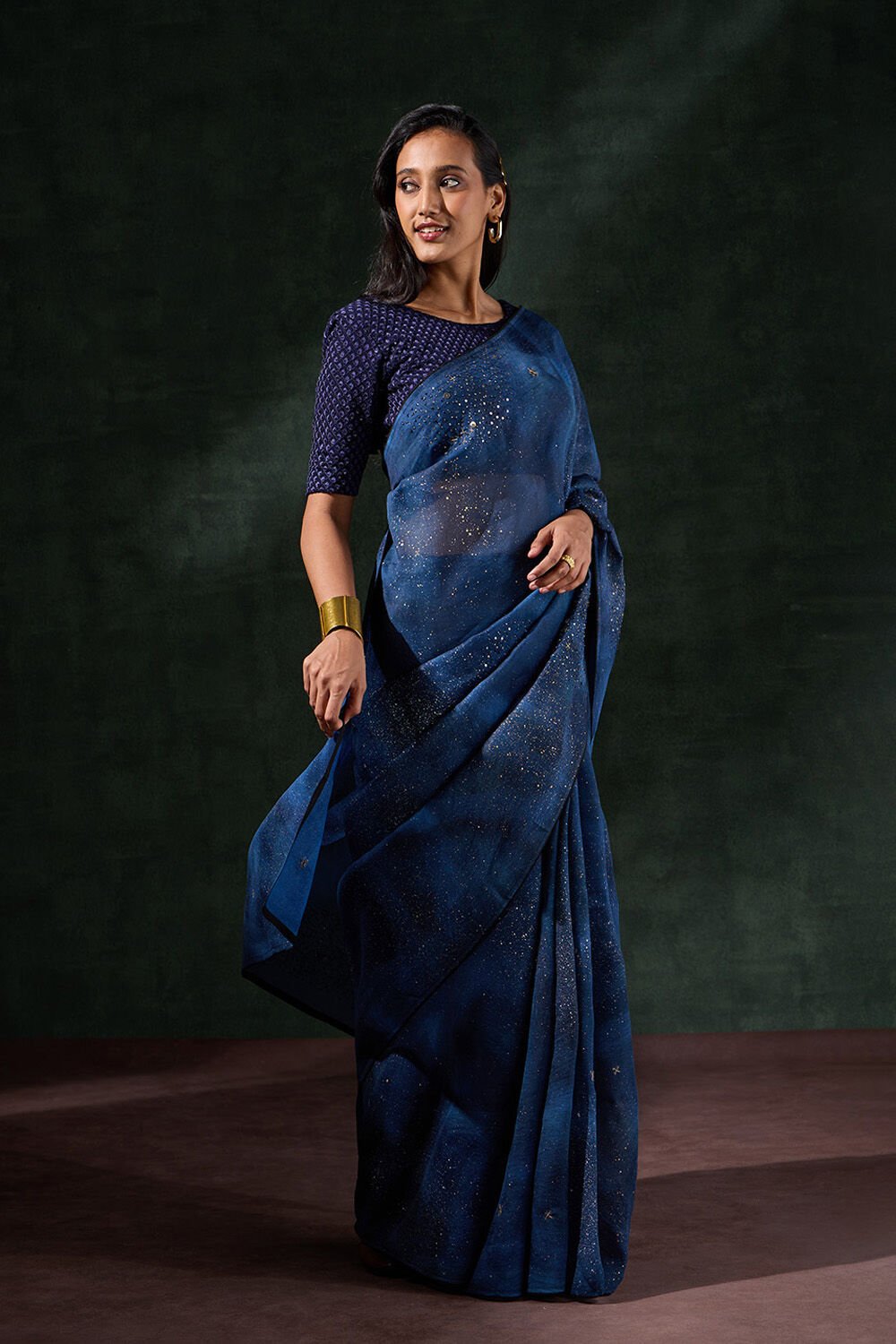 Dark Blue Pure Silk Organza Embroidered Saree image number null