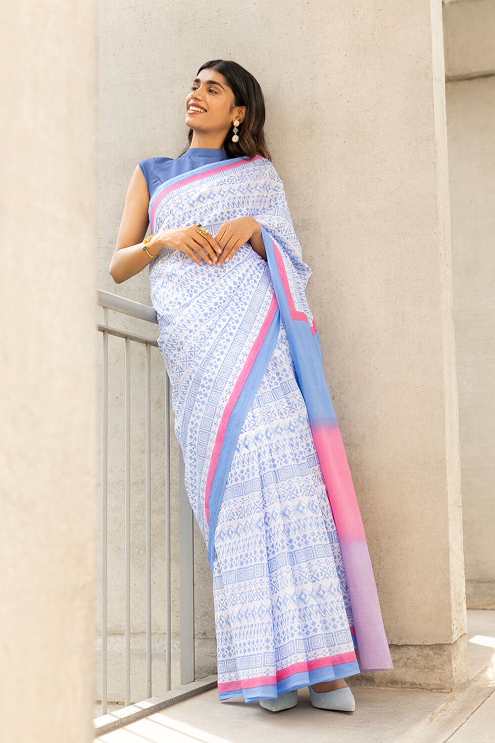 Blue Pure Cotton Mulmul Printed Saree image number null
