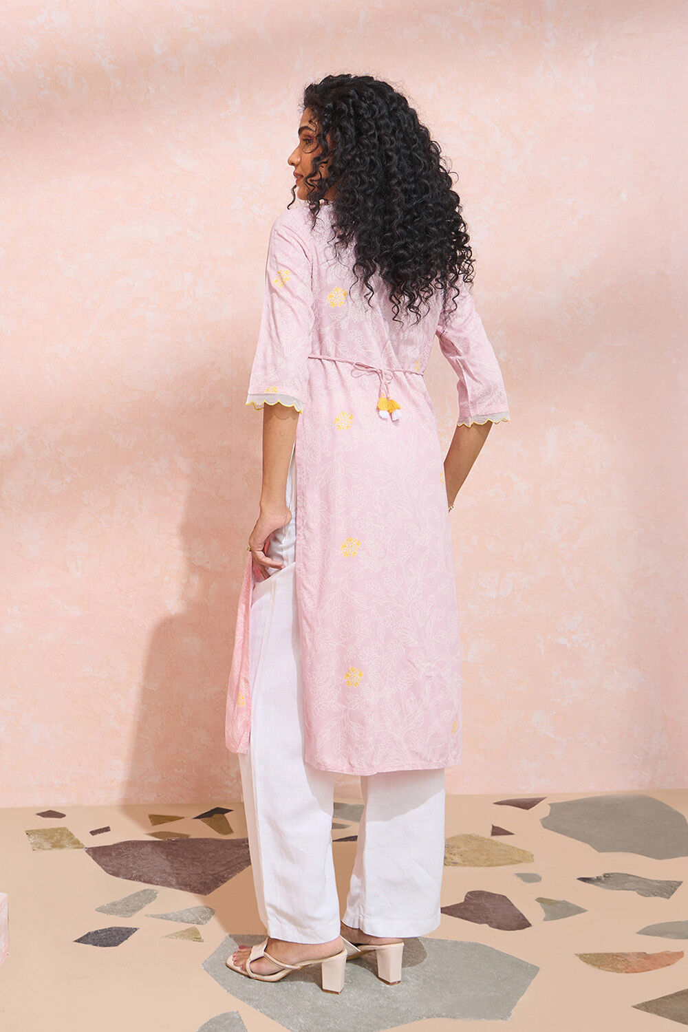 Light Pink Screen Printed Viscose Kurta image number null