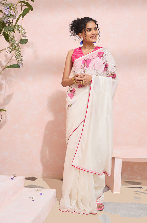 Off White Block Printed Pure Silk Cotton Saree