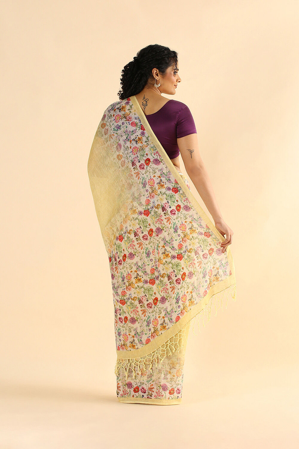 Light Yellow Pure Linen Digital Printed Saree image number null