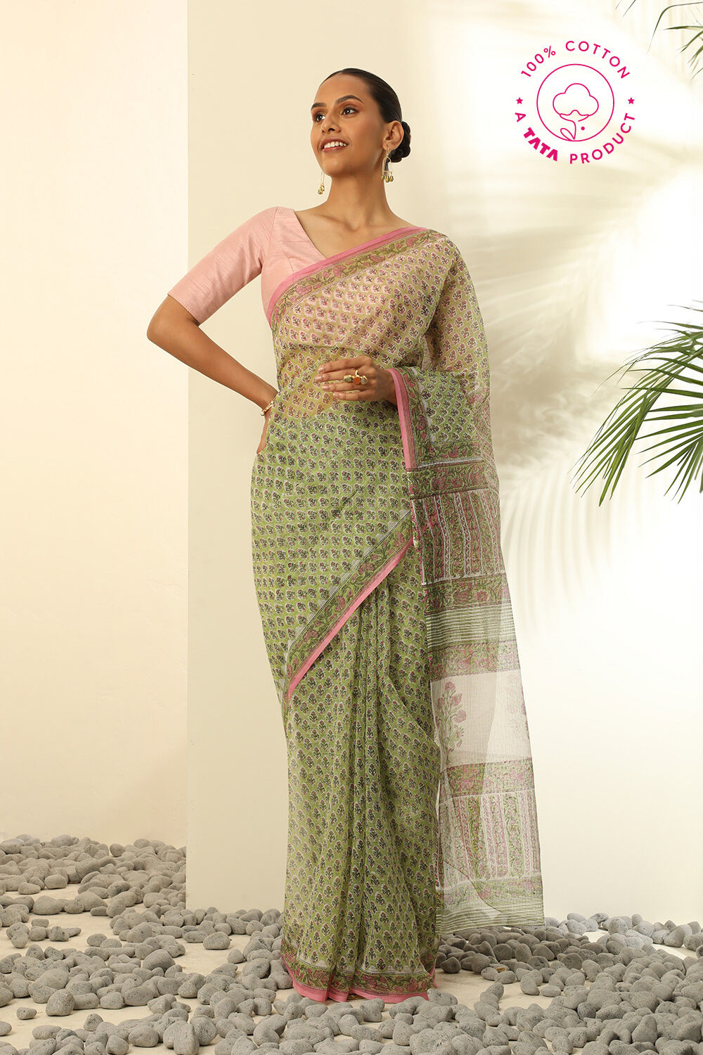 Light Green Pure Cotton Kota Bagru Block Printed Saree image number null