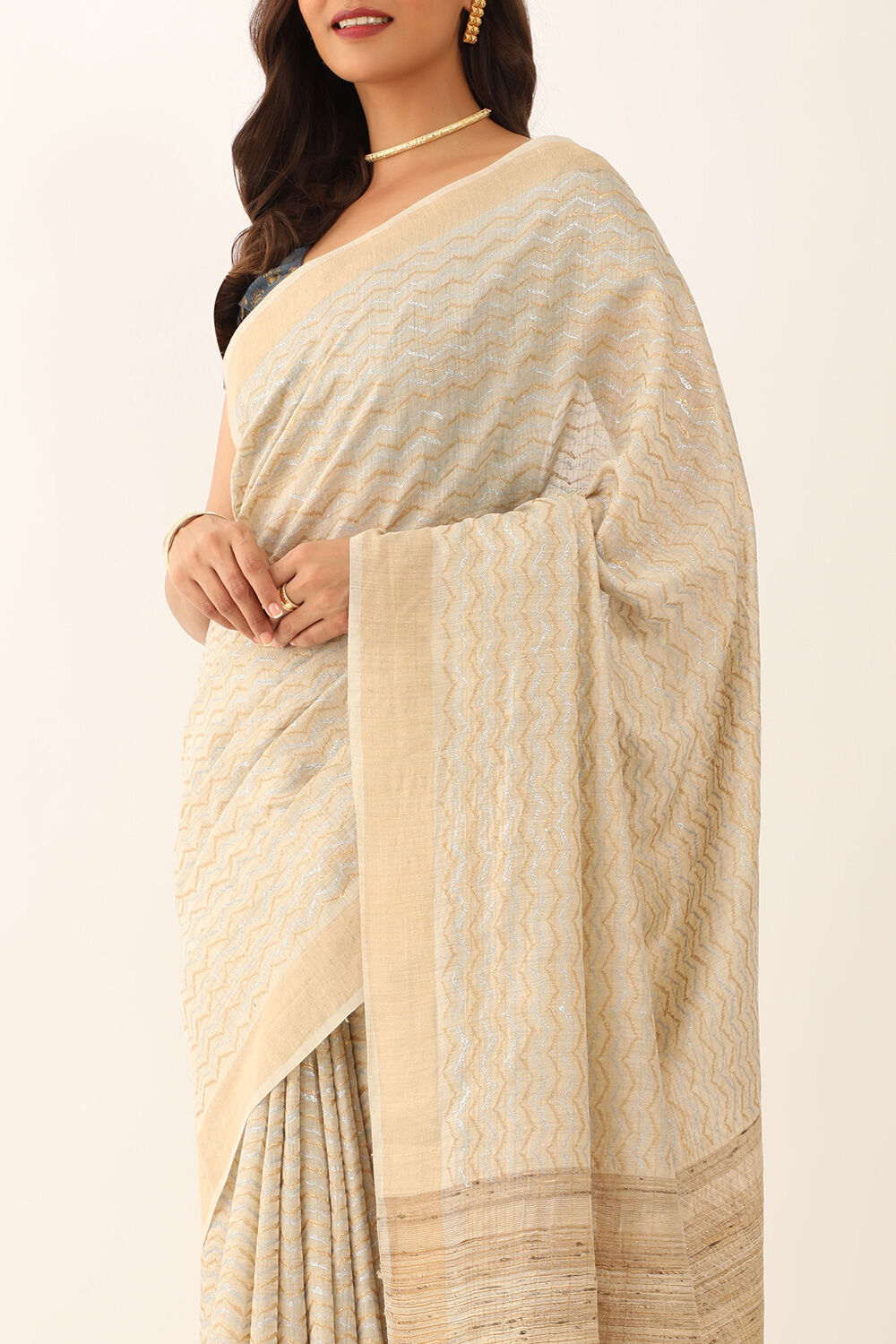 Off White Tussar Silk Block Print Saree image number null