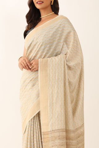 Off White Tussar Silk Block Print Saree thumbnail image number null