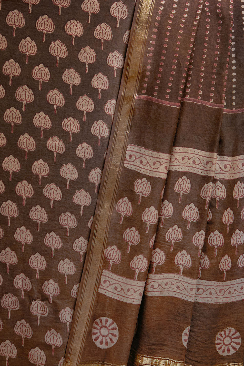 Brown Block Printed Pure Silk Cotton Unstitched Suit Set image number null
