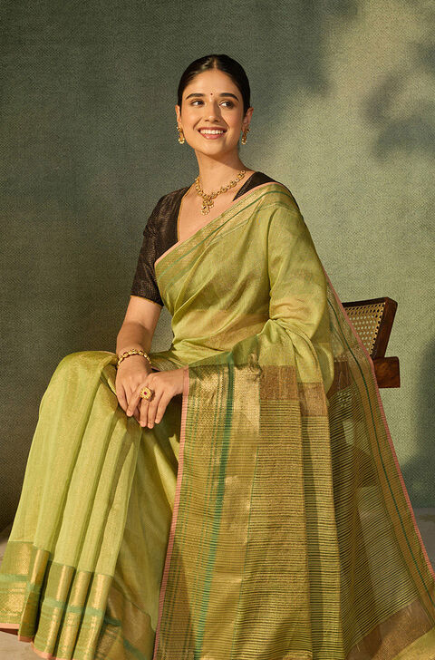 Light Green Woven Pure Tissue Cotton Maheshwari Saree