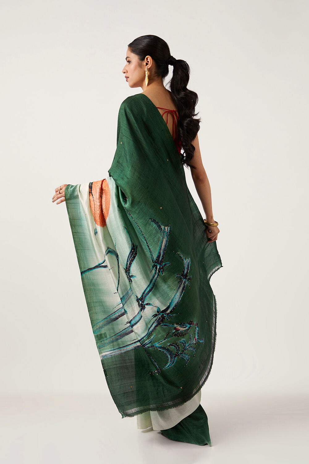 Green Pure Silk Hand Painted Saree image number null