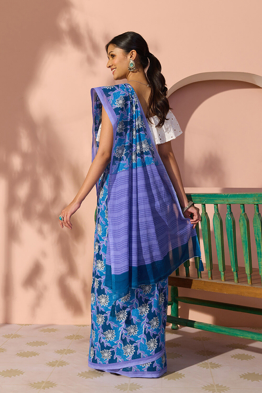 Blue Bengal Screen Printed Pure Cotton Mulmul Saree image number null