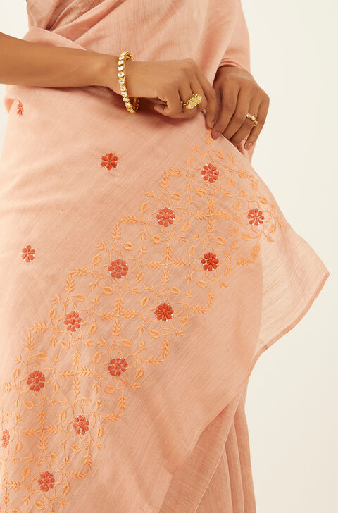 Light Pink Pure Tussar Silk Chikankari Saree