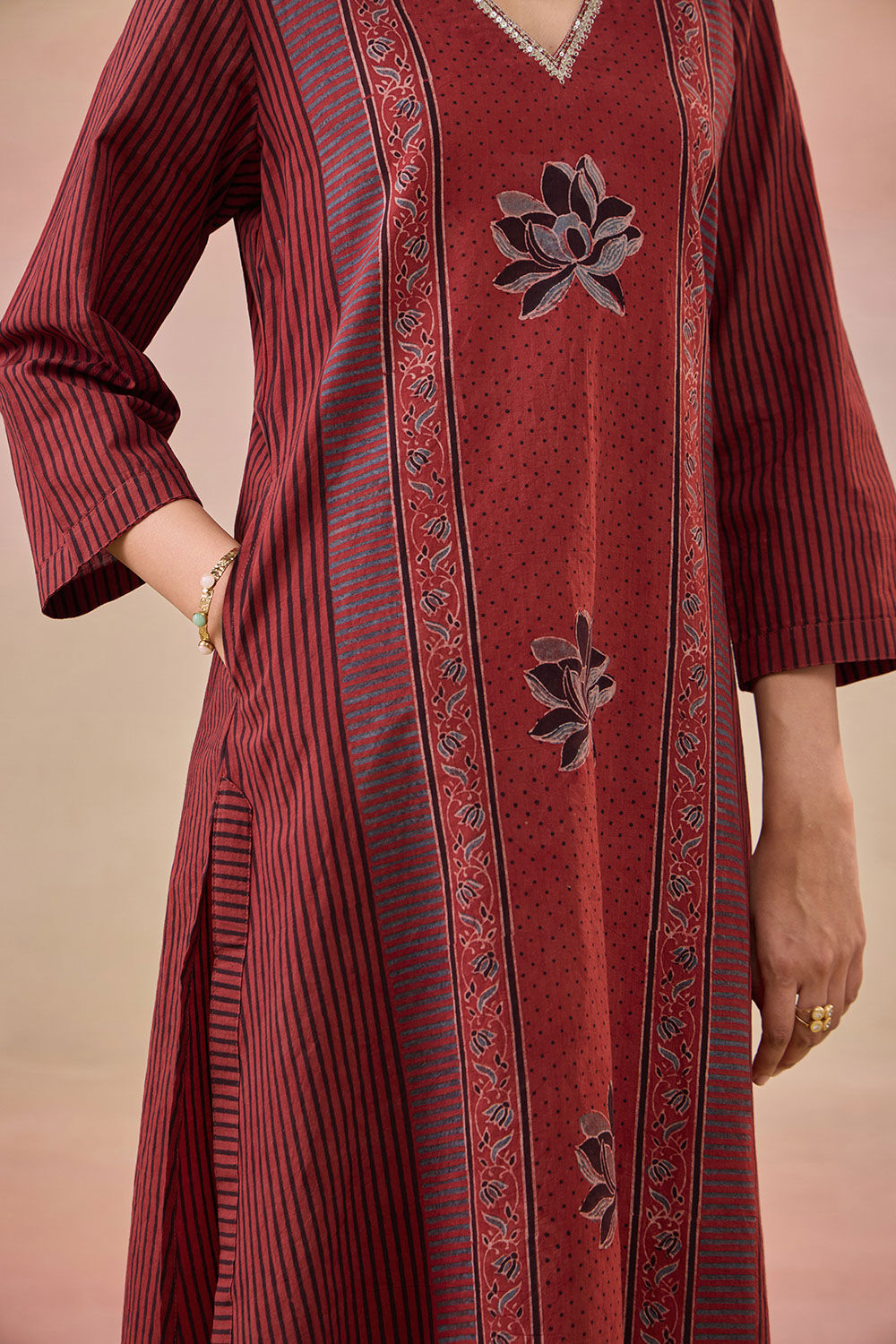 Red Pure Cotton Ajrakh Kurta image number null