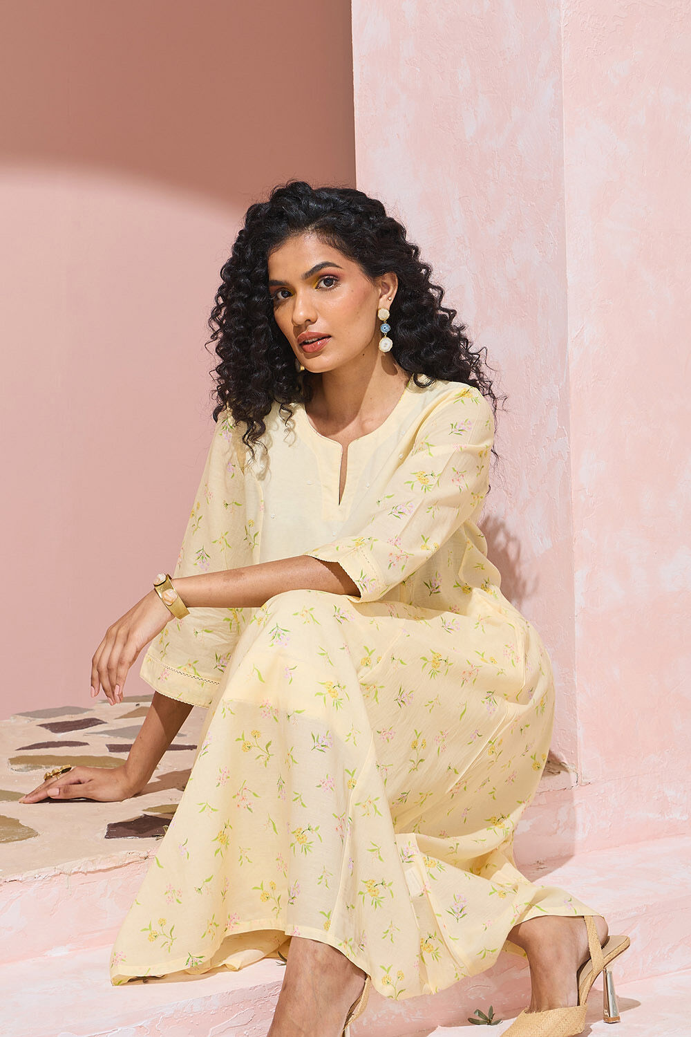 Light Yellow Printed Cotton Viscose Kurta Set image number null